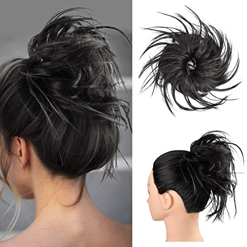 Messy Bun Hair Piece, HOOJIH Long Tousled Updo Hair Bun Extensions Curly Wavy Ponytail Hairpieces Hair Scrunchies with Elastic Hair Band for Women Girls Color Natural Black