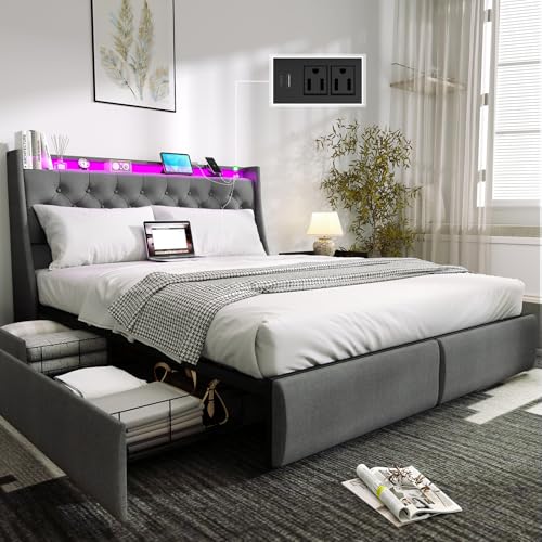 Queen Size Bed Frame with 4 Storage Drawers and LED Lights, Queen Bed Frame with Upholstered Headboard and Charging Station, Steel Slat Support, No Box Spring Needed, Noise-Free, Easy Assembly, Gray