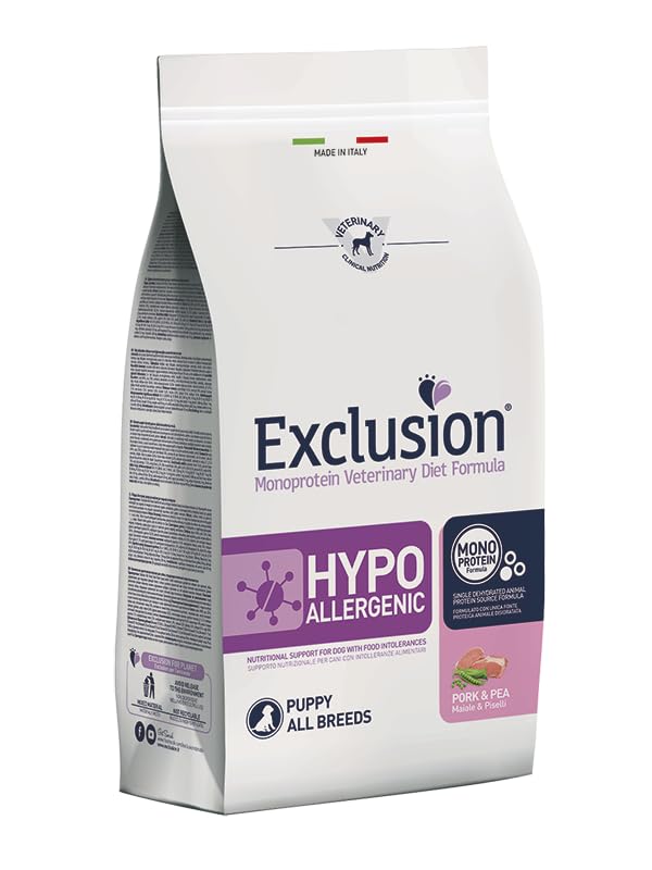 EXCLUSION Puppy All Breeds Hypoallergenic Cane gusto Maiale e Piselli, alimento completo per cani cuccioli di tutte le razze con intolleranze, monoproteico, ipoallergenico, 1 confezione da 12kg.