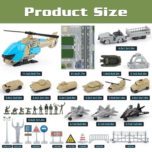 XDUOYJOY Military Helicopter Toys, Army Toys Set with 10 Vehicles, Tanks, Fighter Jet, Airplane, Aircraft, Army Men and Play Mat, Birthday Gift for Boys - Thumbnail 3