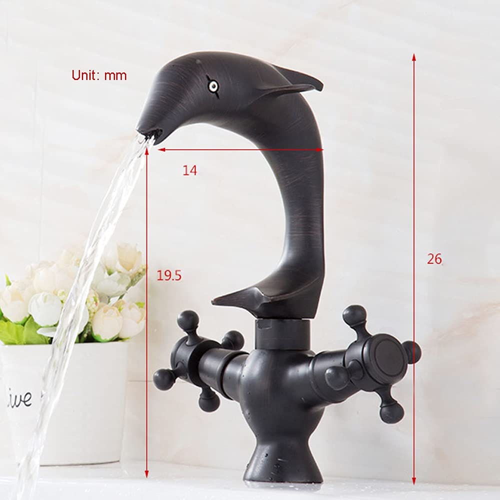 ALYHYB Grifo negro con diseño de delfín de un solo agujero para lavabo de baño caliente y frío retro negro cobre para el cuarto de baño del hotel, balcón, inodoro (tamaño pequeño: