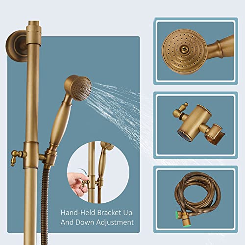 Antique Brass Shower Faucets Sets Complete Bath Shower Mixer Taps 8Inch Shower Head With Handheld Sprayer Shower Combo Set Two Handles Three Holes #TOP4