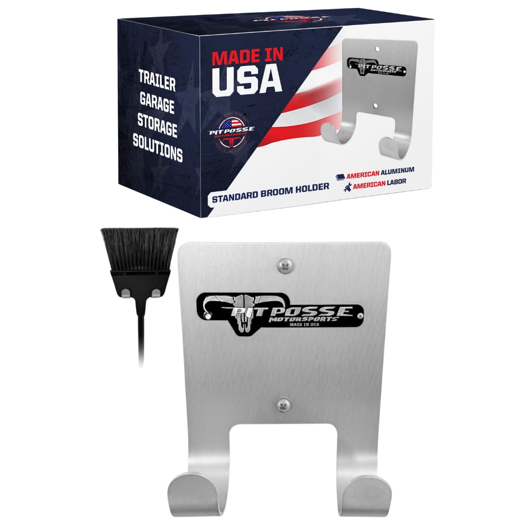 Pit Posse PP3187 Aluminum Broom Holder Hanger for Enclosed Trailer Garage Shop Storage - Made in USA - Wall Mount Utility Rack Caddy Cabinet Organizer Van Auto Workshop RV Whisk/Angle Sweeper (Silver)