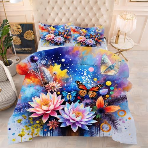 ZZXHG Edredón Estampado 3D Suave y Transpirable | Mariposa de Colores, Nórdico Lavable para Todas Las Estaciones, Incluye 2 Fundas de Almohada 50x75 cm, para Cama Individual f961