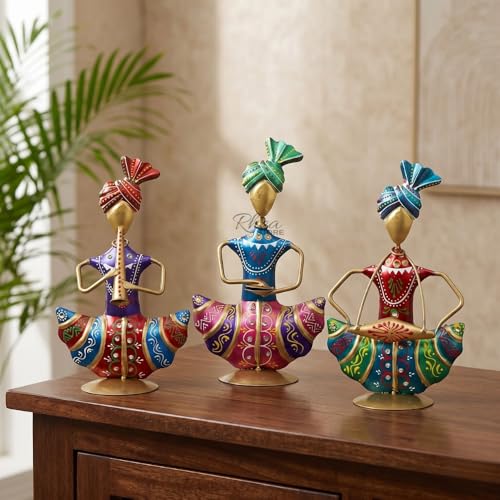 Image of Sitting Rajasthani Mini Sardar Musician Showpiece, Metallic Traditional Table Decor Item for Office Desk, Corporate Bulk Gifting and Home Interior Ornament (2x10x16 cm)