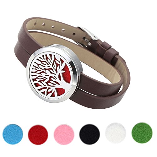 Preisvergleich Produktbild Zysta Edelstahl Schmuck Damen Duftarmband Aromatherapie Armband Aroma Diffuser Hohl Lebensbaum Locket Armreif + 6 Pads (braun)