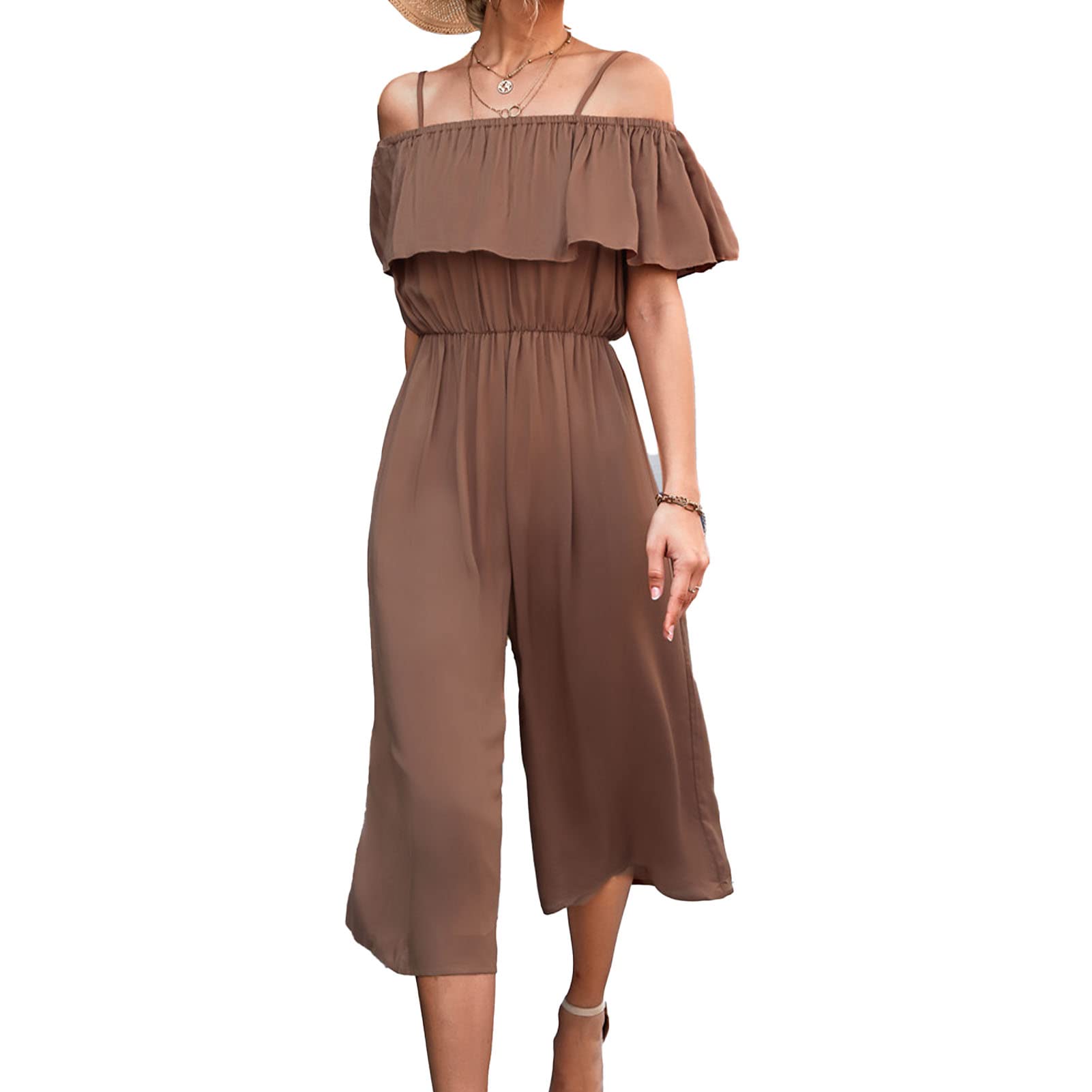 Ejoyous Mono sin Mangas para Mujer, Mono de Manga Larga, Mono de Cintura Alta, Mono sin Espalda, Pantalones Sueltos de Gran Tamaño para Verano(L-marrón)