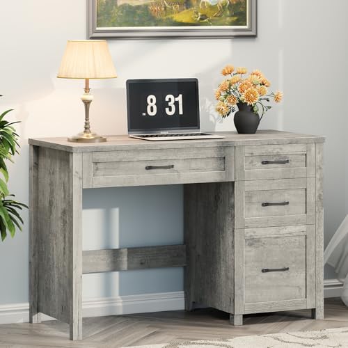 Image of Farmhouse 47 inch Executive Desk with File Drawer, Wood Computer Desk with 4 Storage Drawers, Workstation for Home Office, Study, Writing. (Grey)