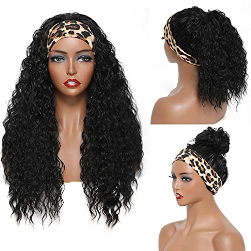Aksice Headband Wig Curly, Headband Wigs For Black Women Synthetic, Water Wave Headband Wigs, Wet And Wavy Wigs With Headbands Attached Glueless Black Half Wig 150% Density For Daily Use (26 Inch) #TOP1