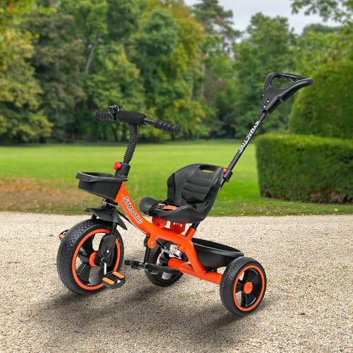 Image of Amazon Brand - Symactive Tricycle for Kids | Plug N Play | Baby Cycle with Parental Control, EVA Wheels, Bell, Seat, Belt & Basket | 2+ Years Unisex | Maximum User Weight Limit 25 Kgs | Orange