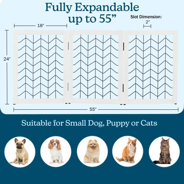 Freestanding Dog Gate - 3-Panel Foldable Indoor Pet Fence - 55x24-Inch Sturdy Metal and Wood Dog Gate - Pet Barrier for Stairs, Hallways, Doorways, or Small Openings by PETMAKER (White)