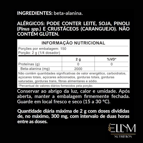 Beta Alanina Pura 300g ELLYM NUTRITION Performance Para Treino e Recuperação Muscular Pós Treino