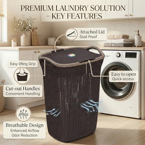 Image of Plastic Laundry Basket with Lid | 60L Extra Large Knit Hamper | Strong & Durable | Ideal for Bathroom, Bedroom & Kids Room | Multipurpose Cloth Storage Organiser | 36 x 46 x 61 cm | Weather Brown