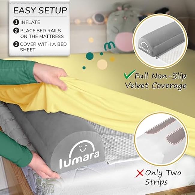 LUMARA Inflatable Bed Rail for Toddlers 2 Pack - Portable Travel Bed Bumpers for Kids Fits Twin Full Queen King Size Beds - Non-Slip Safety Guard Rails