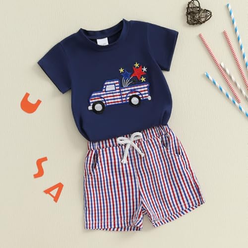 Image of 4th Of July Toddler Boy Outfit Popsicle American Flag T-Shirt and Gingham Plaid Shorts Set Independence Day Clothes