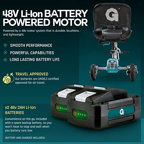 G 3 Wheel Folding Mobility Scooter Plus - Electric Powered, Airline Friendly - Long Range Travel w/ 2 Detachable 48V Lithium-ion Batteries and Charger Max Load of 330lbs