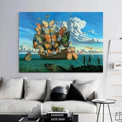 Peinture Toile Bateau avec Papillon Dali Art Mural Premium Salon Cadre Intérieur 50x70
