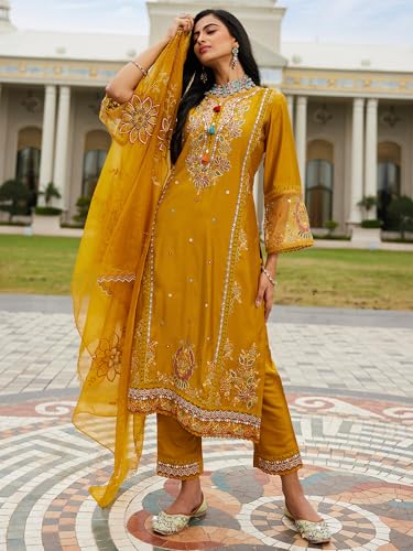 Image of INDO ERA Women's Silk Blend Embroidered Straight Kurta Pant with Dupatta (Ieout6967)