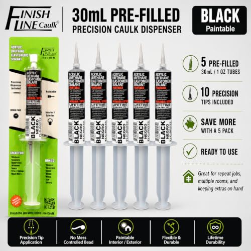 Image of Finish Line Caulk 30mL Pre-Filled Precision Caulk Applicator Black 5-Pack | Clean, Controlled Application with Less Mess and Rework