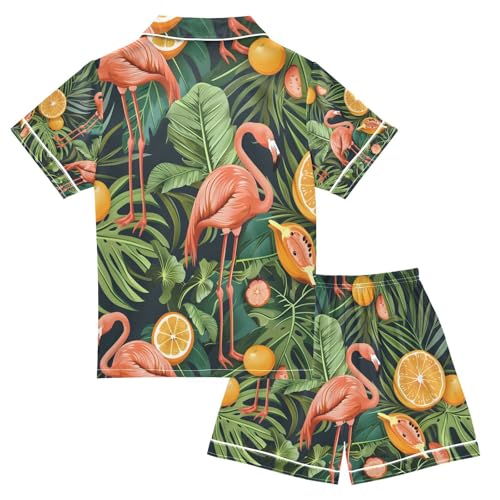 senya Orange Flamingos Satin Summer Pajama Sets Silk Short Sleeve Button Down Sleepwear2