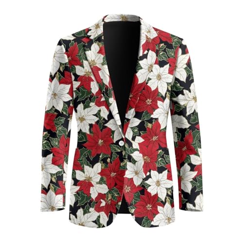 COEQINE Casual Suits for Men Fashion Red White Floral Button Sport Coat Jacket with Pocket for Valentine's Day Party Costume, S