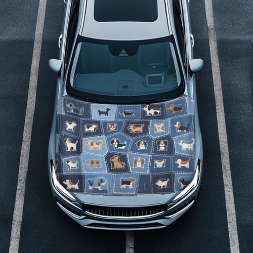 Image of Dog Car Hood Cover, Cowboy Patchwork Puppy Washable Elastic Auto Hood Protector Stretchable Polyester Fabric, Dachshund Chihuahua Corgi Car Bonnet All-Season Protection