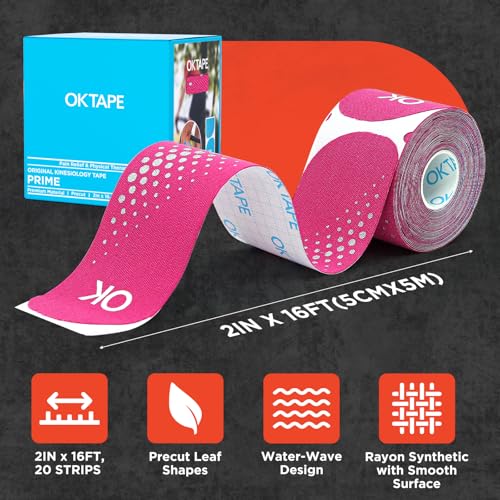 Image of OK TAPE Synthetic Kinesiology Tape Precut Strips, Waterproof Kinesiology Athletic Tape for Joint & Muscle Support, Reflective and Durable Tape, 2inx16.4ft Roll 20PCS | Pink