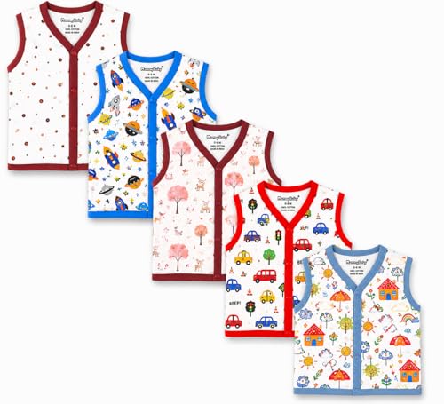 Image of NammaBaby Unisex Kid Cotton Slim Fit 100% Hoisery Button Jabla | Multicolor Jhabla | Assorted Pack of 5 | Summerwear Jhabla | Sleeveless Vest | Baby Products (New Born) (Set of 5)
