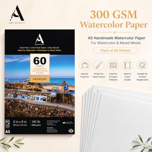 Image of ArtRight Artists Watercolor Paper (A5 Pack of 60 Sheets, 300 GSM); Handmade Watercolour Paper for Artists