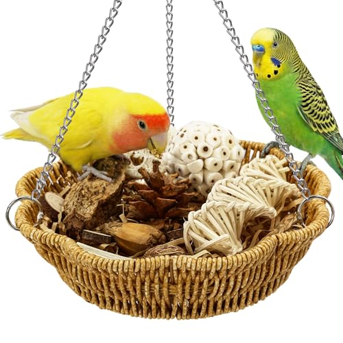 Jevnd 20Pcs Bird Foraging Toy Set with Hanging Basket Natural Shredding & Chew Enrichment Toys for Parrots Cockatiels Budgies Parakeets Cage or Floor Puzzle Foraging Toys for Mental Stimulation