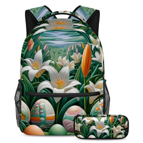 Cartable et sac à dos avec trousse pour adolescents œufs de Pâques et lys multicolore