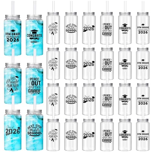 Suclain 24 Pcs 5th Grade Graduation Cups with Lids and Straws 13.5 oz Class of 2026 Plastic Mason Jars Clear Reusable Tumbler Coffee Tea Hot Cocoa Beverage Graduation Tumbler for Congrats Party Gifts