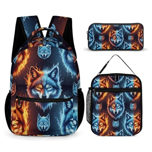 Backpack Bookbag Set Blue Red Fire Wolf Animal Backpack with Lunch Bags and Makeup Bag Shoulder Bag with Lunch Box Storage Bags
