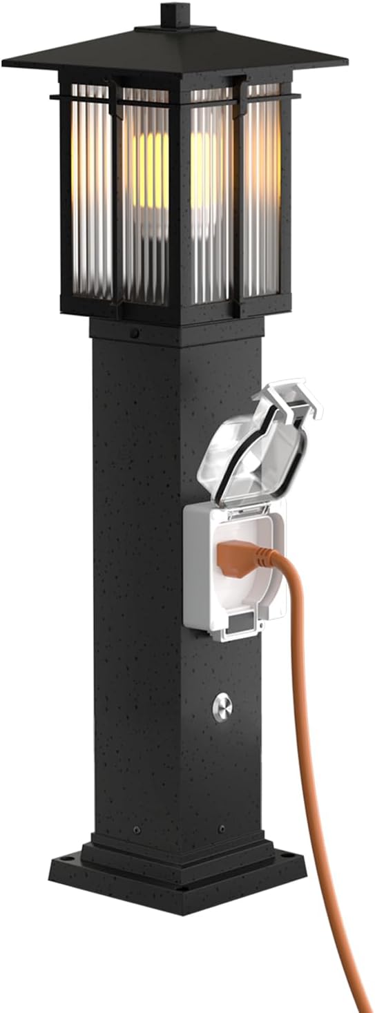 Outdoor Lamp Post with Outlet, Retro Outside Pole Lights for Yard, Soptted Black Aluminum Outdoor Post Light with Ribbed Glass, Street Pole Lamp for Garden Patio Pathway (26''H, 1 pc)