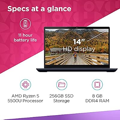 Lenovo IdeaPad 3 Laptop, 14.0 FHD Display, AMD Ryzen 5 5500U, 8GB RAM, 256GB Storage, AMD Radeon 7 Graphics, Windows 11 Home, Abyss Blue