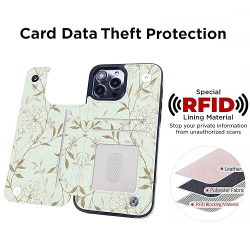 Image of uCOLOR Compatible with iPhone 12 /12 Pro 6.1 Inch Wallet Case with Card Holder, Folio Flip PU Leather Kickstand Card Slots Design Case RFID Blocking Cover 6.1 inch(Aqua Floral Leaves)