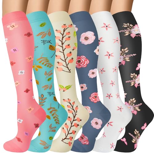 6 Pairs Compression Socks for Women Men 20-30mmhg Graduated Support Knee High Socks for Nurse Travel Flight