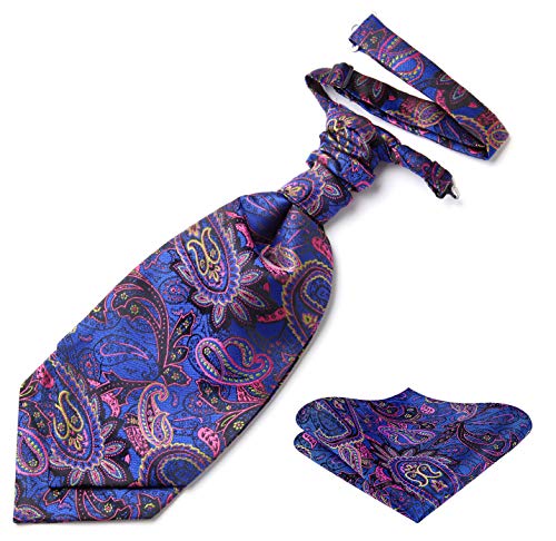 HISDERN Wedding Cravat Pre-tied Ascot Tie and Pocket Square Set for Men Satin Casual Paisley Stripe Ascots Purple