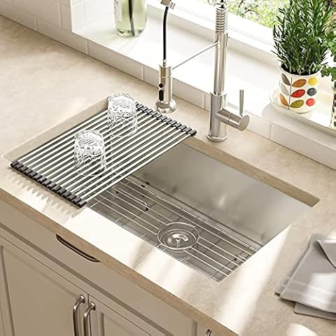 LORDEAR Commercial 32 Inch 16 Gauge 10 Inch Deep Brushed Nickel Drop In Single Undermount Single Bowl Stainless Steel Kitchen Sink,304 Stainless Steel Bar Sink Include Dish Grid and Strainer and Apron Cover