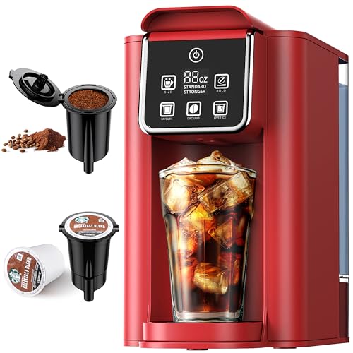 Image of SHARDOR Single Serve Coffee Maker, Hot & Iced Coffee Machine for K Cup and Grounds, 6 to 14 oz Brew Sizes, 50 oz Removable Water Tank, Bold Brew Setting, Pod Coffee Maker with Reusable Filter, Red