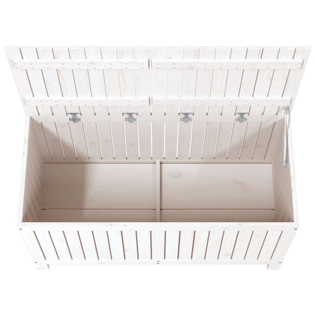 Baúl de jardín blanco de madera de pino maciza, 121 x 55 x 64 cm, con muelle de gas, espacio para herramientas de jardín, caja de cojines, caja de almacenamiento, caja de terraza, caja de