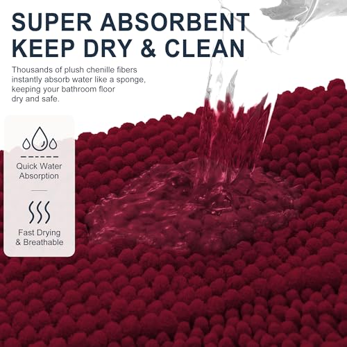Image of Smiry Thick Chenille Bathroom Runner Rugs 59x24, Absorbent Striped Bath Mat, Machine Washable, Rubber Backing, Extra Long Bath Rugs for Tub & Shower, Modern Home Decor Accessories, Burgundy