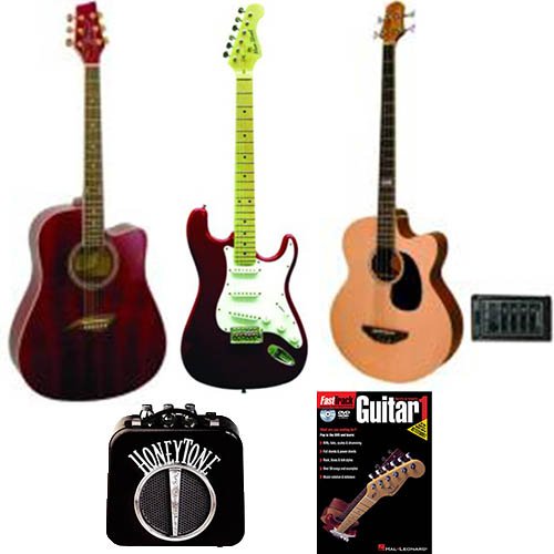 Acoustic & Electric Guitars & Bass Beginner Pack - Acoustic Dreadnought Cutaway Guitar Transparent Red, Double Cutaway Electric Guitar in Red, Bass Guitar w/Spruce Top, Mini Amp & Beginner Book