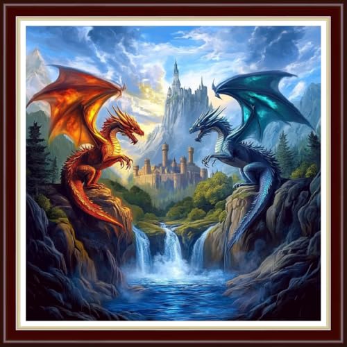 Image of Fanxvivy Stamped Cross Stitch Kits for Beginners Full Range of Cross Stitching Preprinted Embroidery Kits for Adults, 11CT Embroidery Pattern Needlepoint Kits-Two Dragons Castle 18x18 inchs
