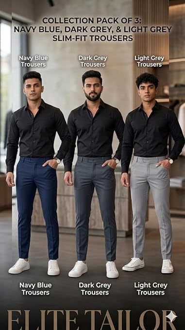 Image of Men Slim Fit Formal Trousers | Stylish Ankle Length Stretchable Office Pants | Men's Comfortable Slim Fit Trousers Combo Pack of 3