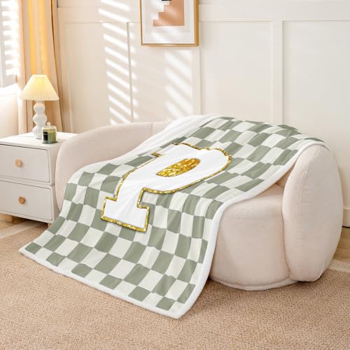 Image of Erosebridal Sage Green Checkered Fuzzy Plush Throw Plaid Initial P Fleece Blanket Personalized Monogram Sherpa Blanket for Kids Boys Girls,Fashion Grids Gingham Decor for Bed Couch Throw 50 inchx60 inch
