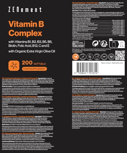 Vitamin B Complex, with Vitamins B1, B2, B3, B5, B6, Biotin, Folic Acid, B12, C and E, 200 Softgels | with Organic Extra Virgin Olive Oil | Energy, Mood & General Health | Non-GMO | Zenement - Image 5