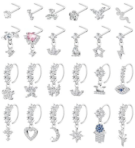 LOAYHOAY 24Pcs 20G Surgical Steel Dangle Nose Ring for Women L Shaped Dangling Nose Stud Dainty Nose Hoop Set CZ Flower Leaf Heart Moon Star Butterfly Dangle Nose Piercing Jewelry Silver