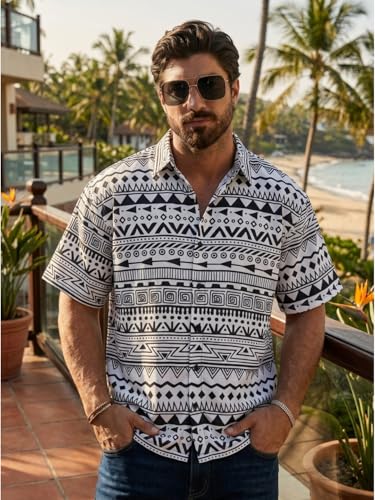 Image of BROWN CULTURE Men's Cotton Blend Abstract Print Shirt with Spread Collared Half Sleeves Standard Length and Button Down Closure Type | Shirt for Man