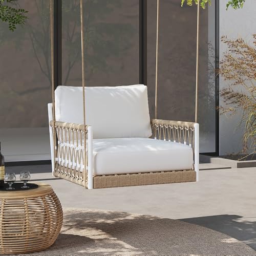 Homary Ropipe Boho 2-Seater Khaki Woven Rope Outdoor Patio Swing Sofa with White Cushion